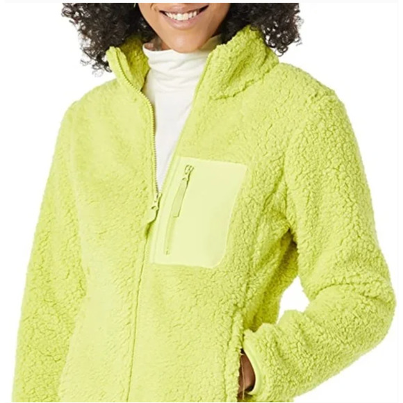 Amazon Essentials Jacket Yellow Neon Medium Fleece Sherpa Zip Mock Neck NEW - Picture 1 of 8
